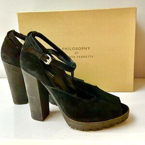 Philosophy di Alberta Ferretti Black Suede Peep Toe Platform Heels EU39